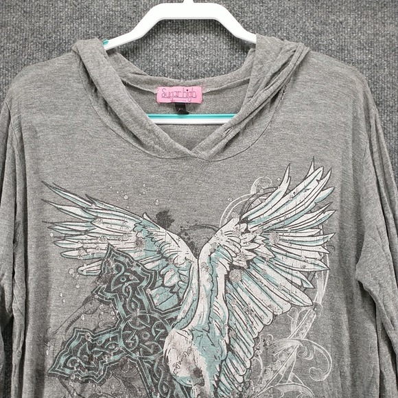 Sugar High Women's Wings Cross Pullover Graphic Hoodie Gray 2X Lightweight - Picture 3 of 16